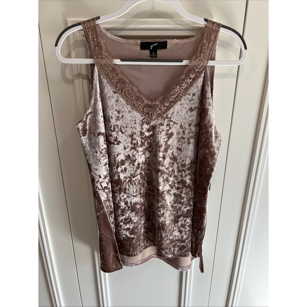 Women's Crushed Velvet Lace‎ Trim Tank Top Size Medium Brown Coquette Romantic